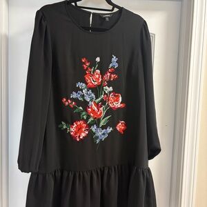 Express Black Long-Sleeve Dress with Red & Blue Floral Embroidery
